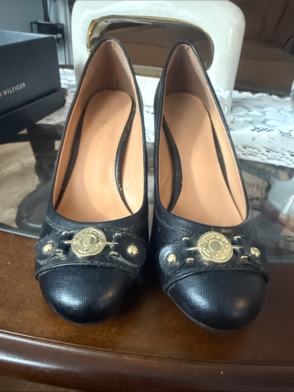Tommy Hilfiger Black Leather Pumps with Gold Emblem